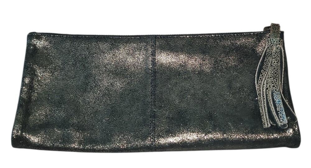Jasper & Jeera Anthropologie Silver Metallic Leather Foldover Clutch Tassel